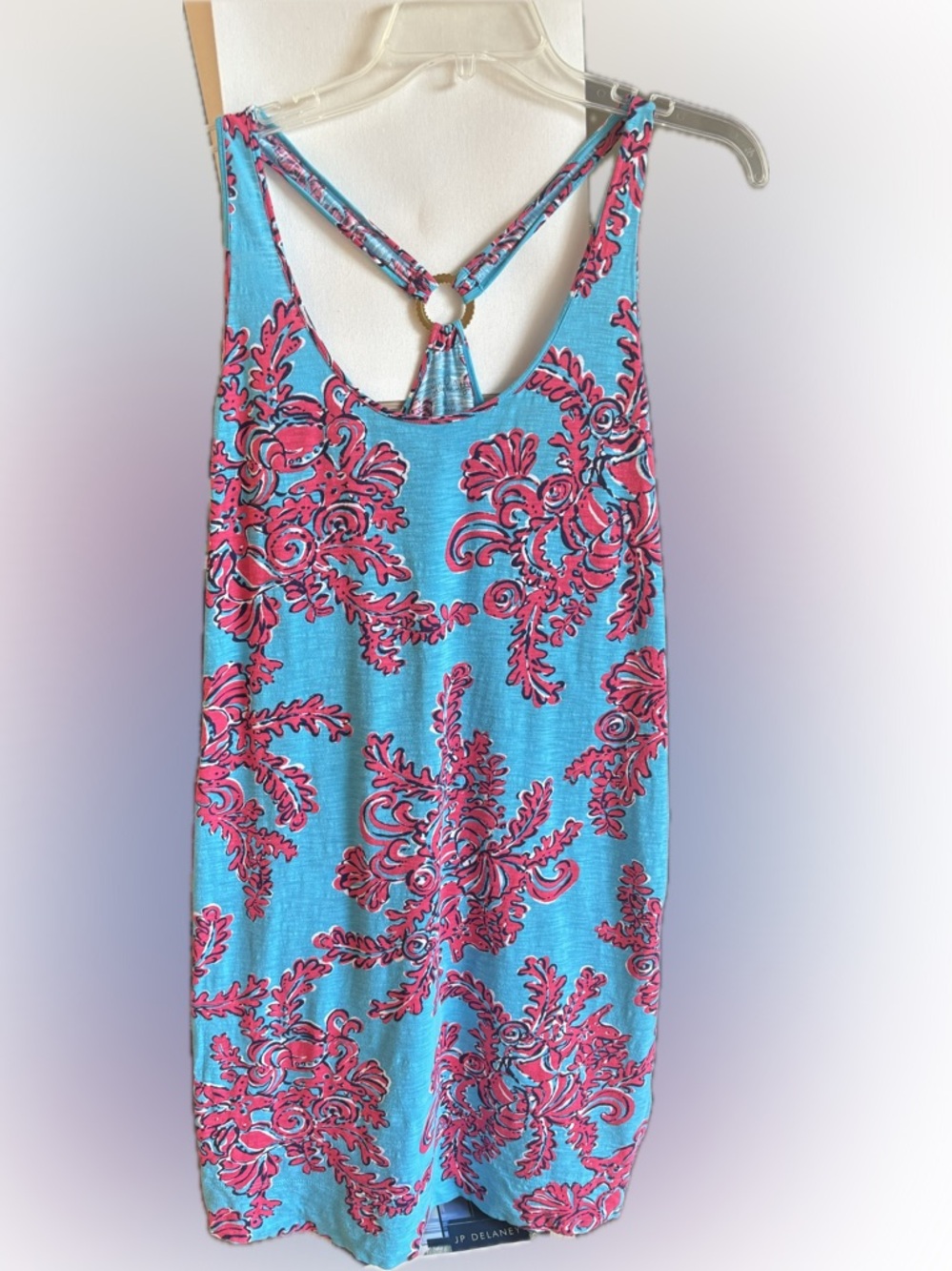 Lilly Pulitzer Blue Pink Print Dress Strappy Ring Back Sleeveless Size L